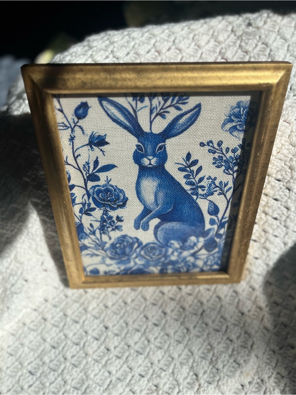 Blue & White Bunny & Floral Fabric in Gold Frame